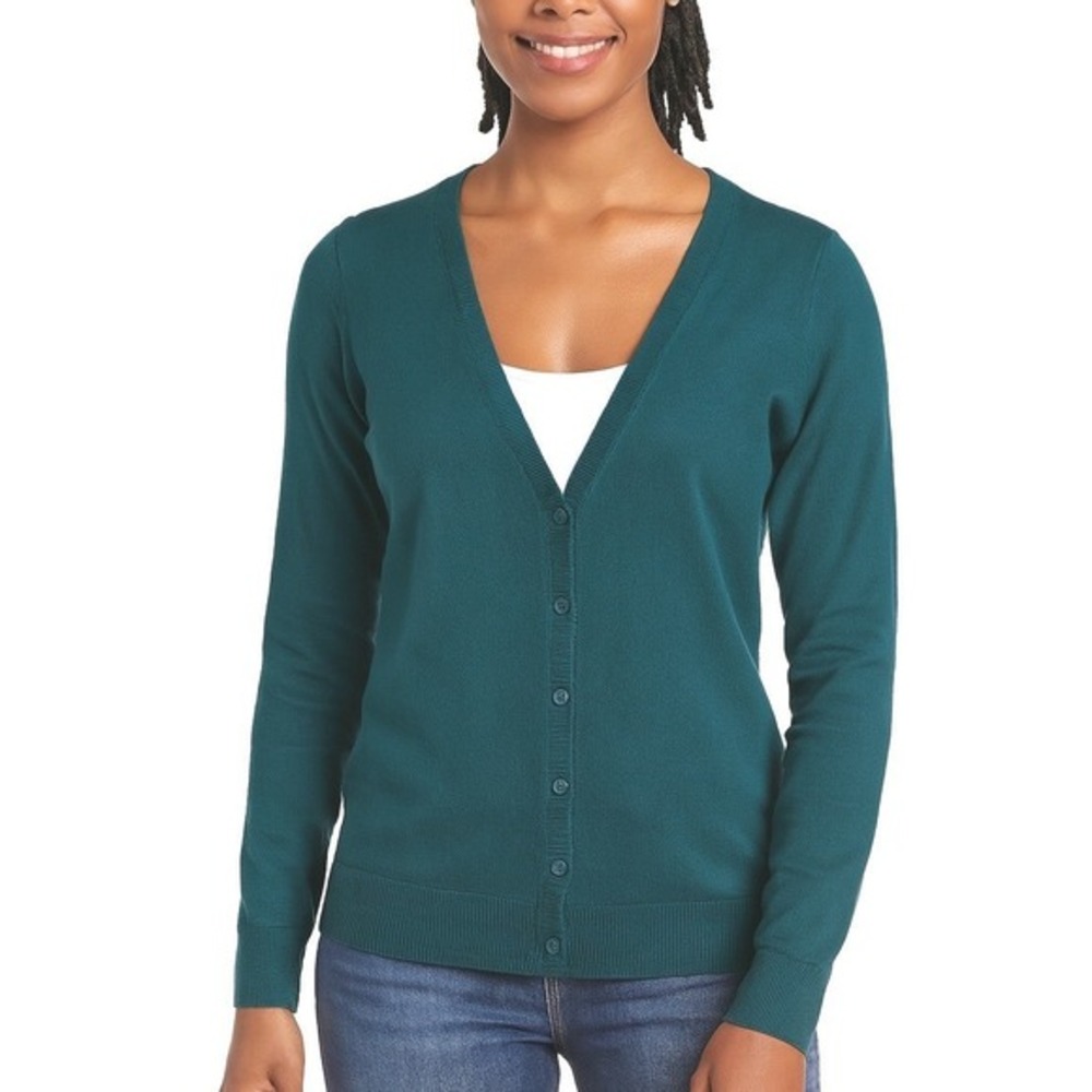 Ann Taylor LOFT Teal Green Pima Cotton V-Neck Button Front Cardigan M 76-08